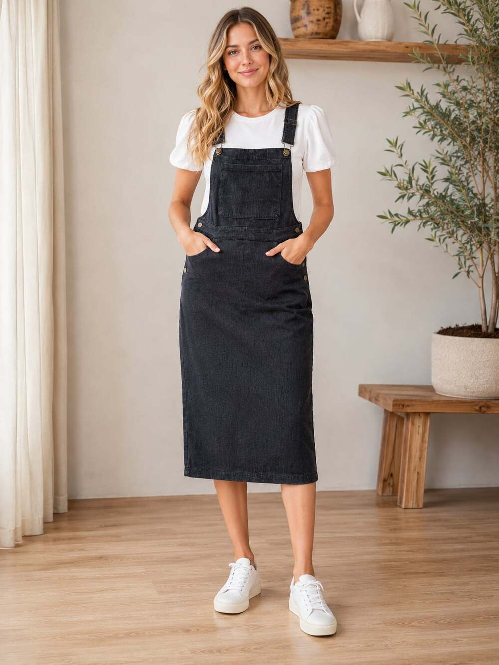 FEHRNVI Black Corduroy Overall Dress XL Pinafore Jumper Mini Casual Boho